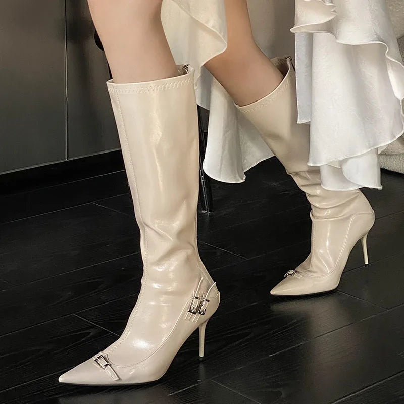 Unique Chic Stylish Pointed Toe Buckle Design Knee High Boots