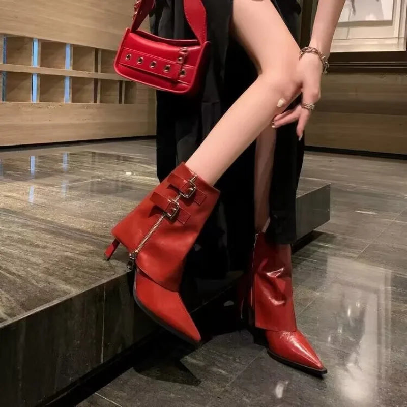 Pointed Toe Trouser Mid Calf Zipper Belt Buckle Platform Stiletto Ankle Boot