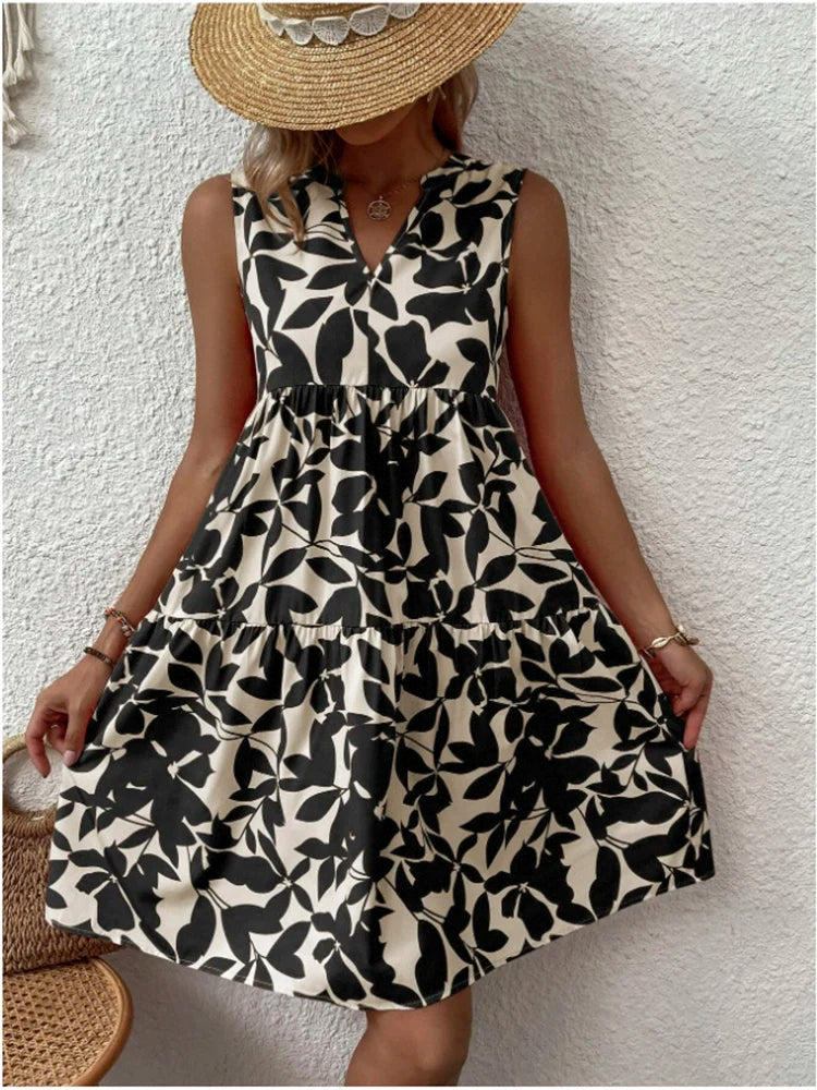 Print Women V Neck Chic Elegant Woman  Beach Knee-length Midi Dresses