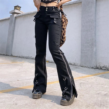 Punk Rivets Zipper Black Cargo Pants Y2K Techwear Leggings Pants