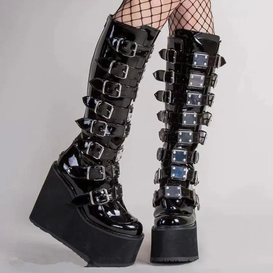 Punk Cosplay Comfort Long Tube Leather Black Platform Wedges Knee High Boots