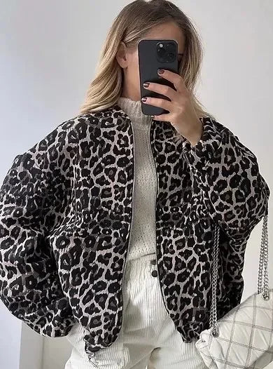 Retro Leopard Print Cotton Autumn Chic O-neck Long Sleeve Zipper Warm Coat