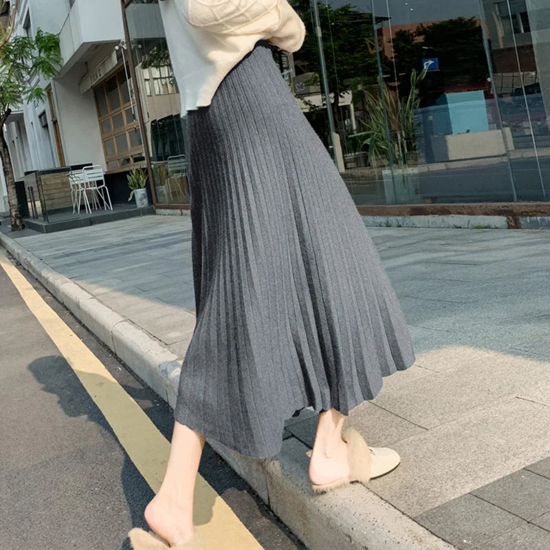 DressBetty - New Knitted Solid Color Pleated Long Skirt