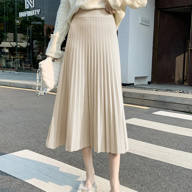 DressBetty - New Knitted Solid Color Pleated Long Skirt