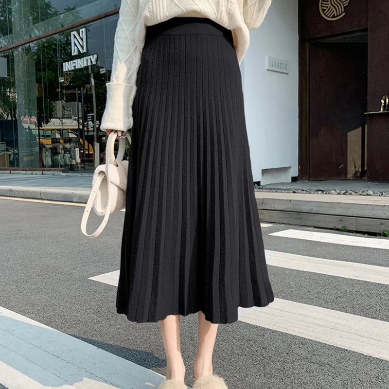 DressBetty - New Knitted Solid Color Pleated Long Skirt