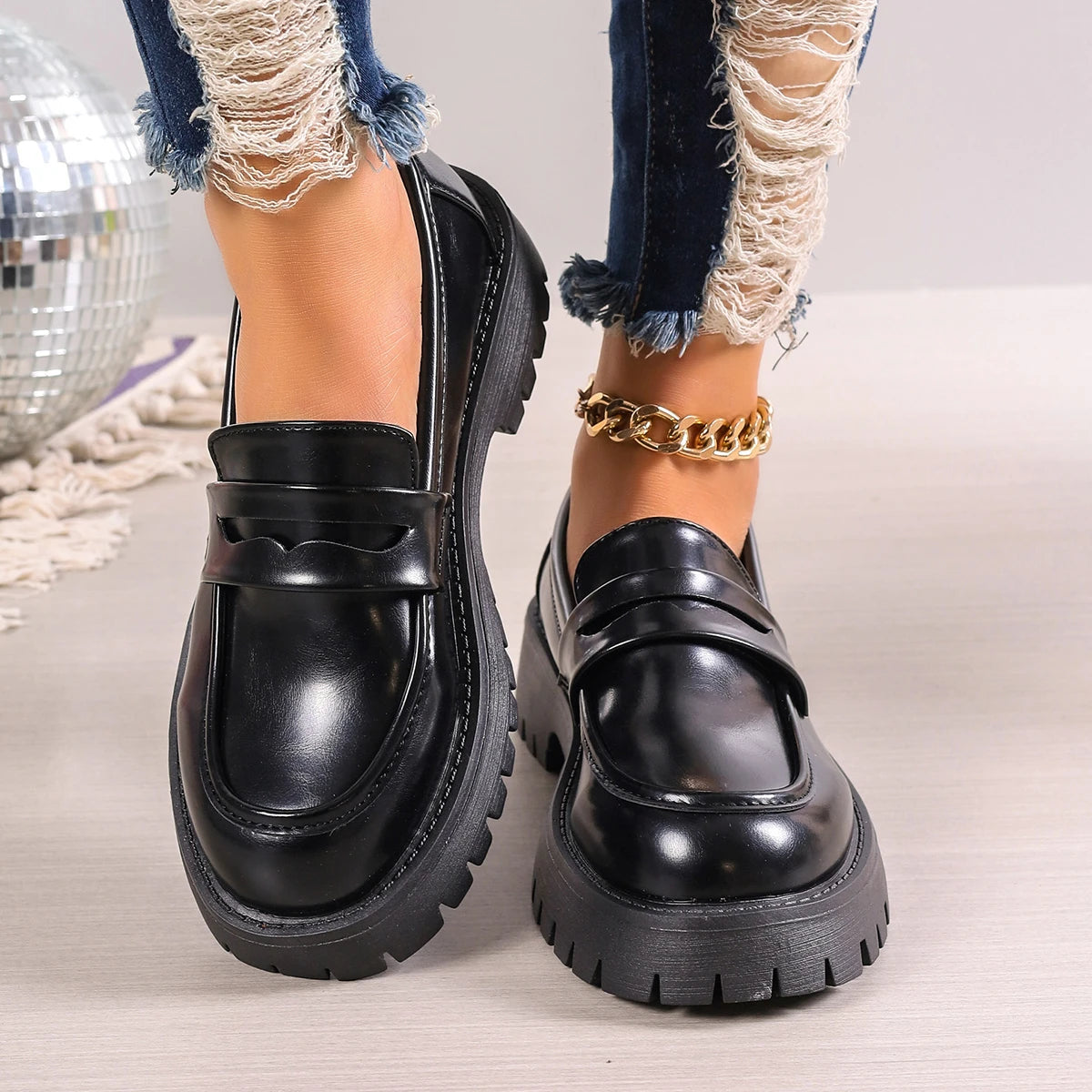 Square Toe Low Heeled Small Leather British Style Early Autumn Flats Loafers