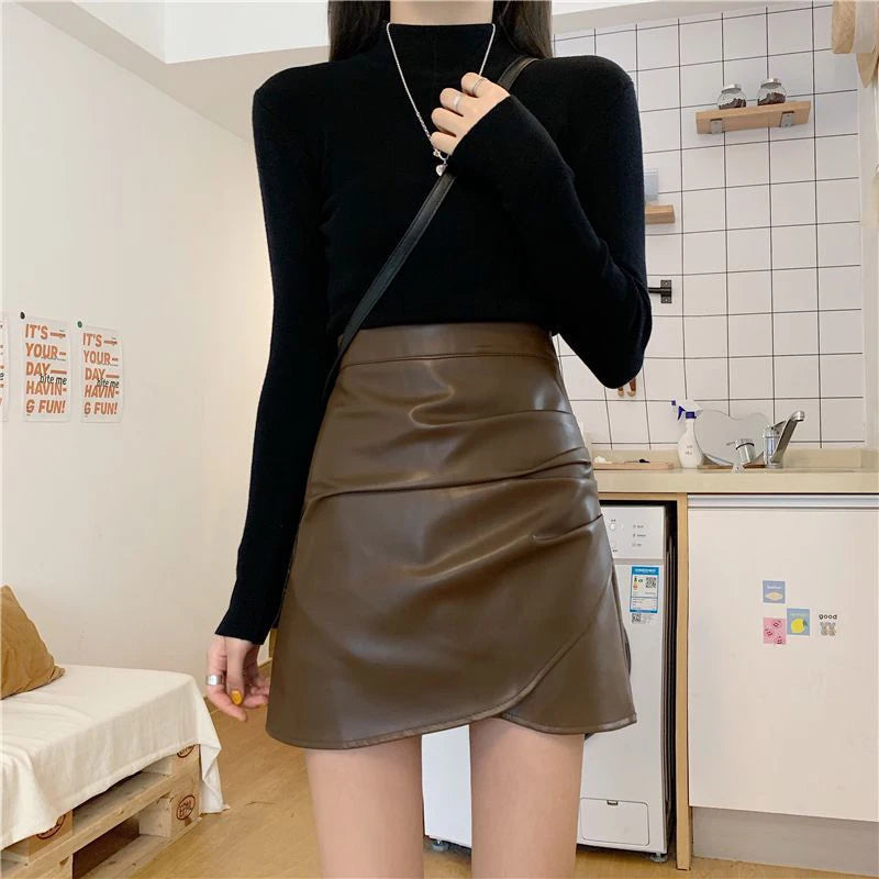 DressBetty - Pleated Pu Leather High Waist Irregular Skirt