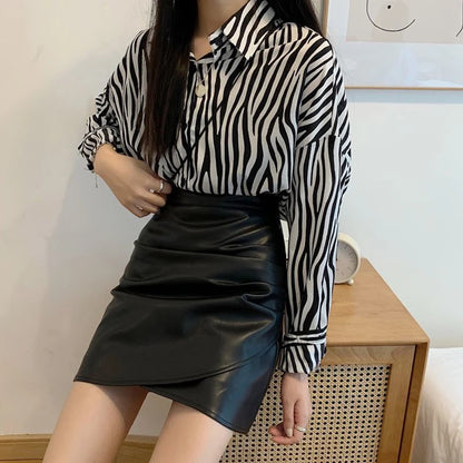 DressBetty - Pleated Pu Leather High Waist Irregular Skirt