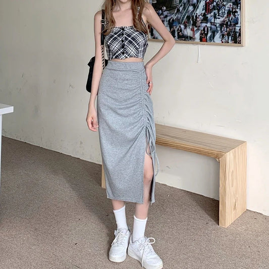 DressBetty - Solid Color Drawstring Side Split Streetwear Long Skirt