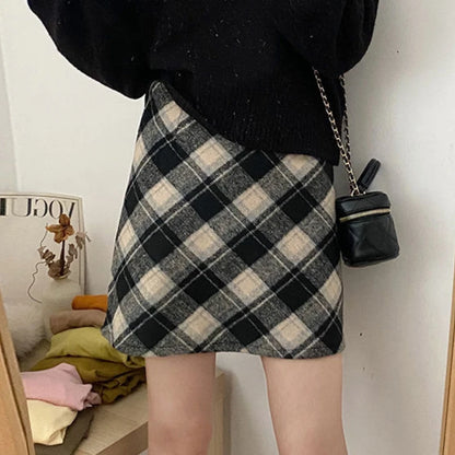 Mini Plaid A-line Red Style All-match Woolen Daily Skirt