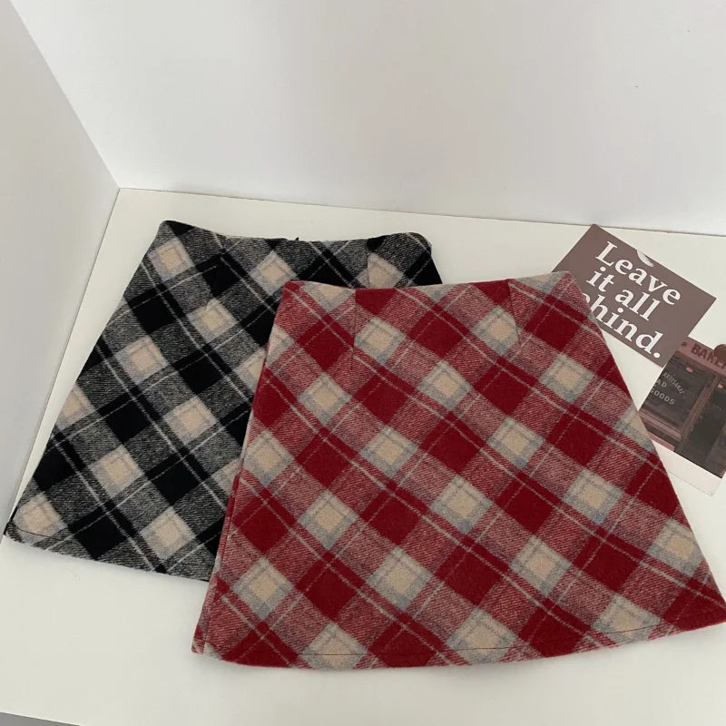 Mini Plaid A-line Red Style All-match Woolen Daily Skirt