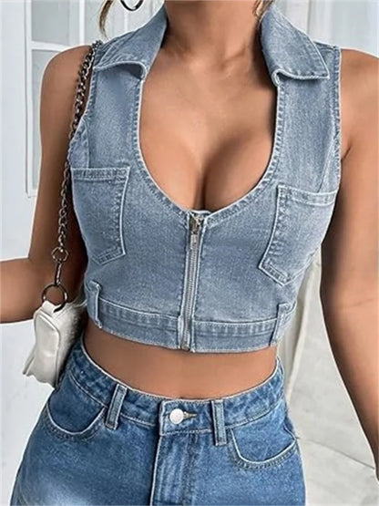 Women Cropped Sleeveless V-neck Turn-down Collar Front Zip Up Denim Mini Vest Summer Party Streetwear 2024 Crop Top