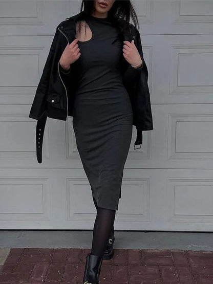 Sexy Cut Out O-neck Long Sleeve Solid Casual Midi Dresses