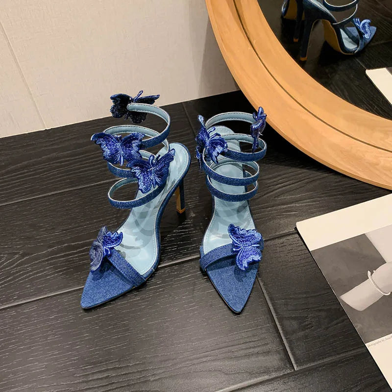 Denim Embroidery Butterfly-knot Thin High Heel Pointed Toe Party High Heel