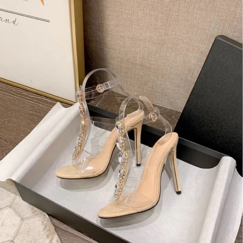 One-Band Buckle Transparent PVC Rhinestone Slim High Heel Party High Heel