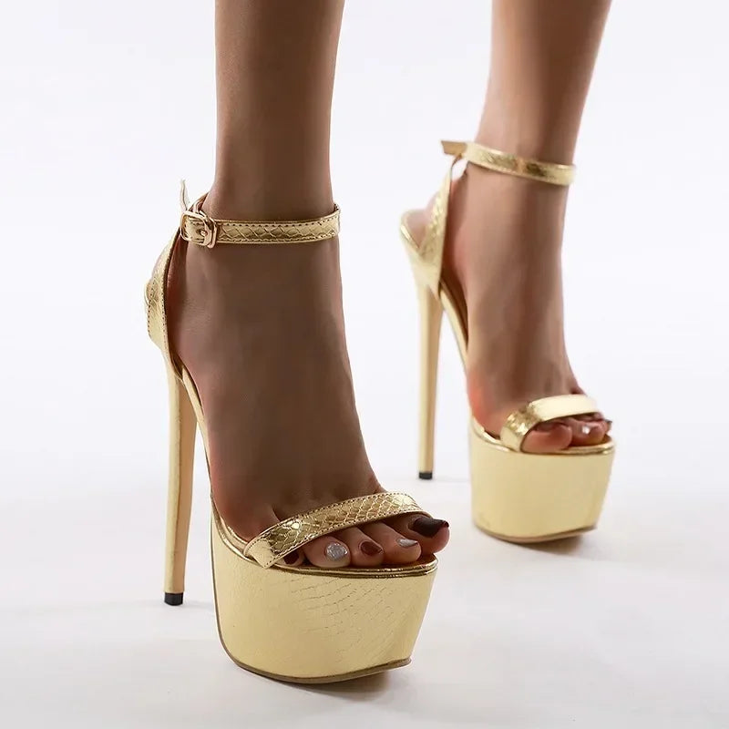 Peep Toe Buckle Strap Catwalk Wedding Gold Platform Thin Heel High Heel