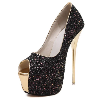 Gorgeous Peep Toe Platform Ultra High Heel Designer Bling Sequins High Heel