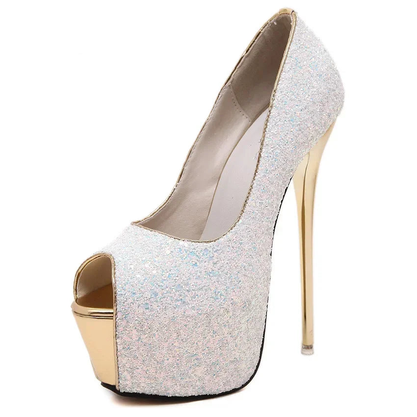 Gorgeous Peep Toe Platform Ultra High Heel Designer Bling Sequins High Heel