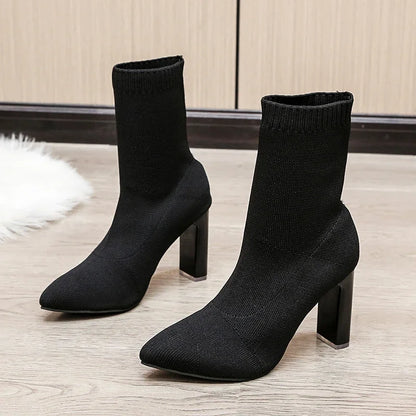 Sexy Pointed Toe Knitted Stretch Fabric Plus Size Black Modern Ankle Boot