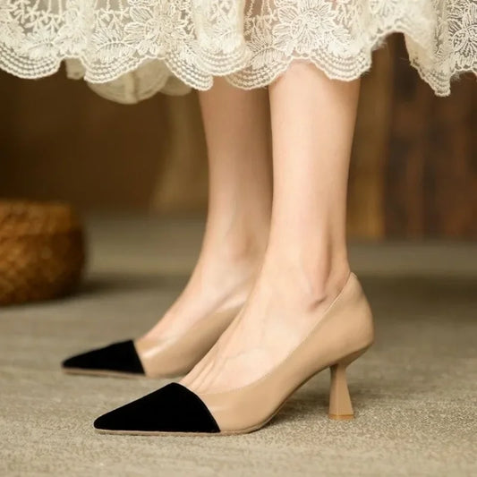 Sexy Pointed Elegant Summer Korean Fashion Apricot Black Color Block High Low Heel Pumps