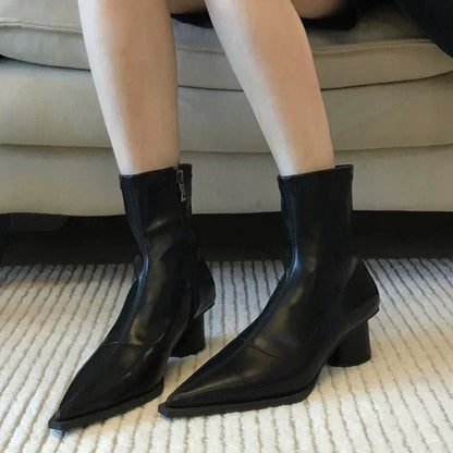 Sexy Pointed Toe Black Matte Simple Versatile Modern Ankle Boot