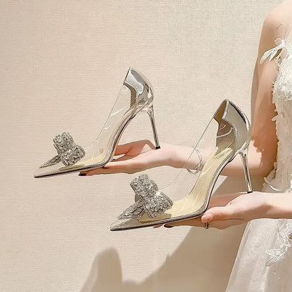 Transparent Rhinestone Butterfly-knot Pointed Toe Wedding High Heel High Heel