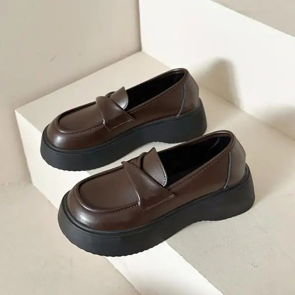 Fur Shallow Mouth Round Toe Leather All-Match Fall Casual Platform Loafers