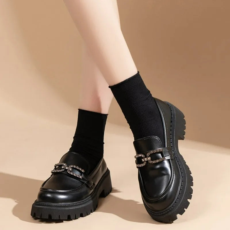 British Style Shallow Mouth Round Toe Fur Casual Black Sneakers Oxfords Loafers