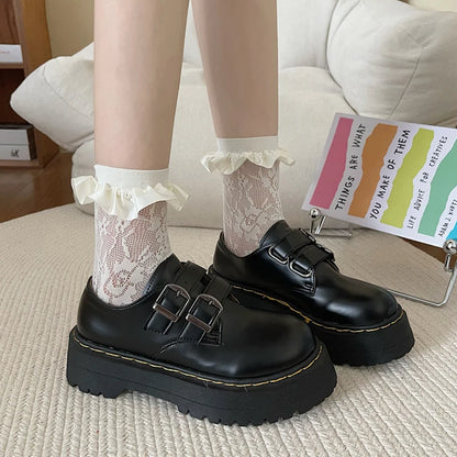 Fur Round Toe Casual Black Flats British Style Oxfords Platform Sneakers Loafers