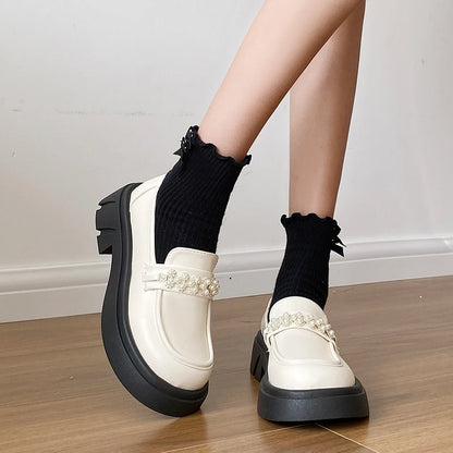 Fur Round Toe British Style Platform Shallow Mouth Leather Sneakers Loafers