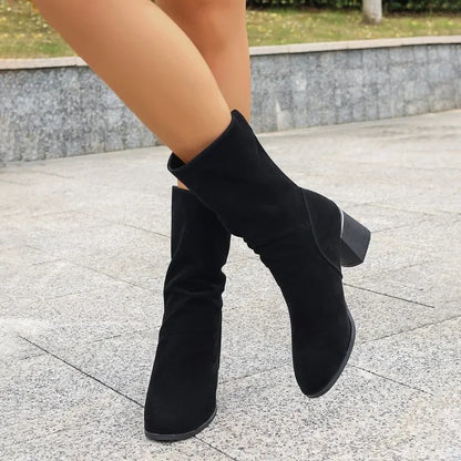 Casual Fashionable Pointed Toe Back Zipper Design Black Suede Modern Ankle Boot