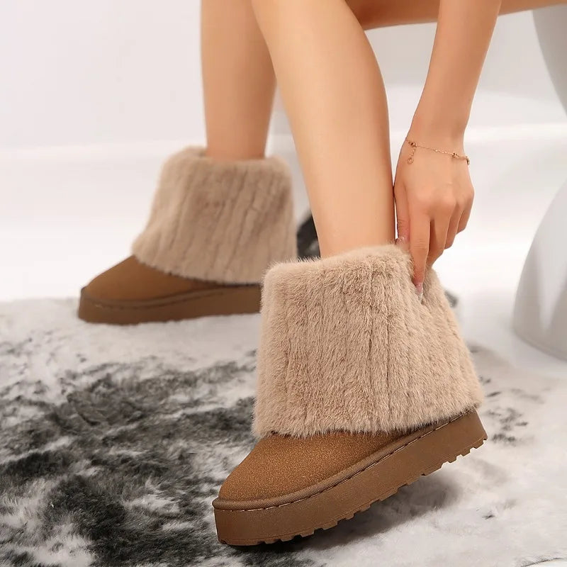 Shoes for Women New Slip on Women's Boots Winter Round Toe Solid Flock Plush Warm Mid Heel Water Proof Casual Snow Boots