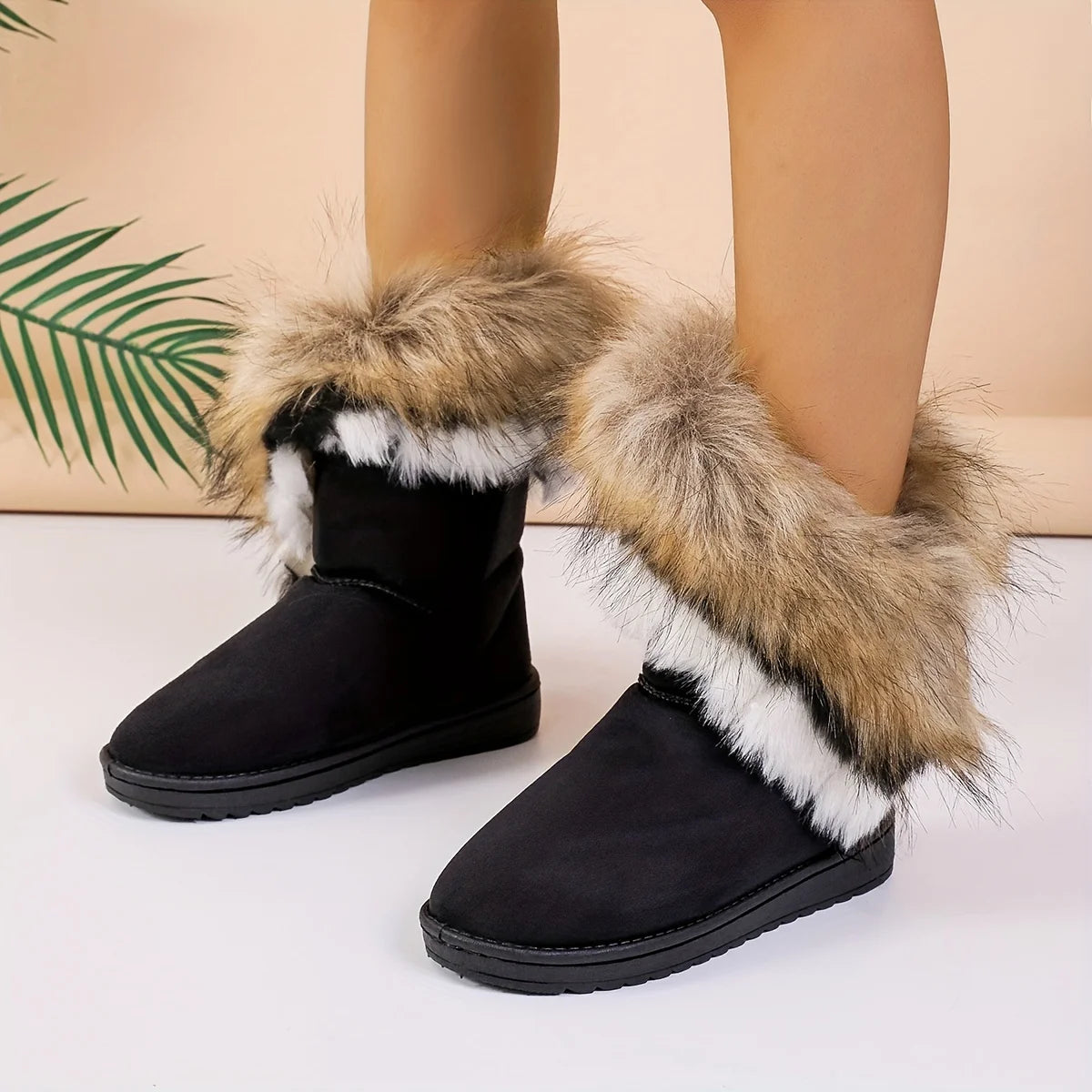 Faux Fur Mid-Calf Thermal Plush Lined Flat Outdoor Snow Boot