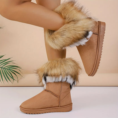 Faux Fur Mid-Calf Thermal Plush Lined Flat Outdoor Snow Boot