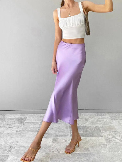 DressBetty - Solid Purple Silk High Waisted Summer Midi Skirt