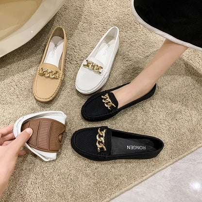 Metal Chain Low Heel Round Head Bean Casual Footwear Mother Lady Loafers