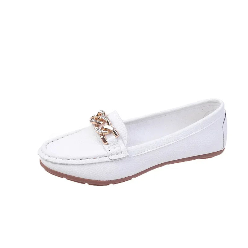 Metal Chain Low Heel Round Head Bean Casual Footwear Mother Lady Loafers