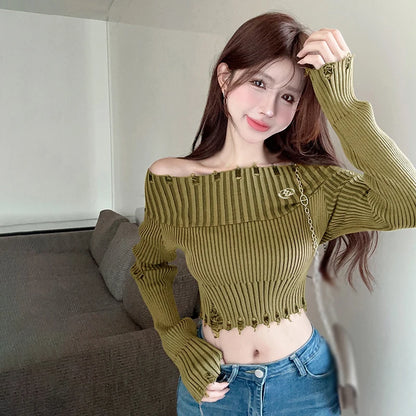 Spring Autumn Off Shoulder Solid Hole Slim Sexy Knitted Sweater