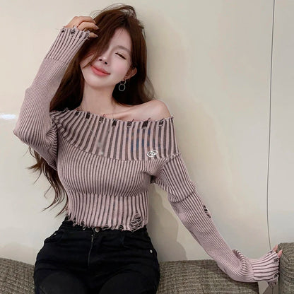 Spring Autumn Off Shoulder Solid Hole Slim Sexy Knitted Sweater