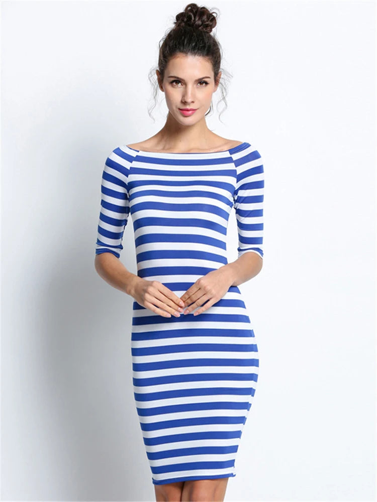 Spring Summer Woman Size Casual Stripe Off Shoulder Long Midi Dresses