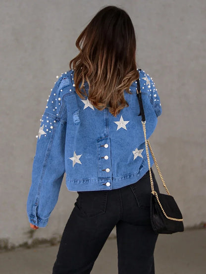 Streetwear Denim Beadings Rhinestone Embroidery Casual Jacket