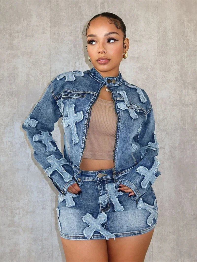 Fashion Patchwork Mini Short Two Piece Denim Jacket