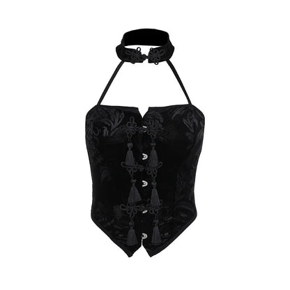 New Arrival Spicy Girl Gothic Style Sexy Choker Neck Black Button Crop Top