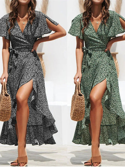 Summer Beach Floral Boho Chiffon Ruffles Wrap V-Neck Split Robe Femme Midi Dresses