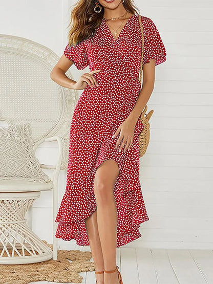 Summer Beach Floral Boho Chiffon Ruffles Wrap V-Neck Split Robe Femme Midi Dresses