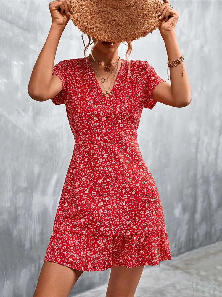 Summer Short Boho V Neck Floral Bohemian Flower Mini Midi Dresses