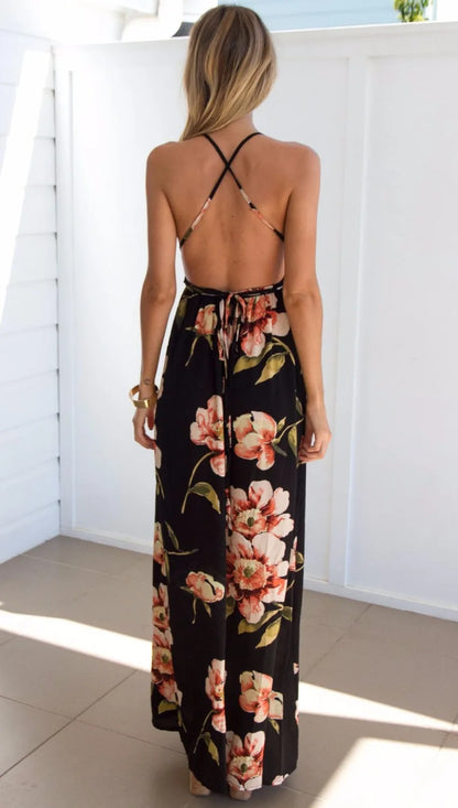 Summer Floral Sexy Pleated Backless Robe Evenning- Midi Dresses