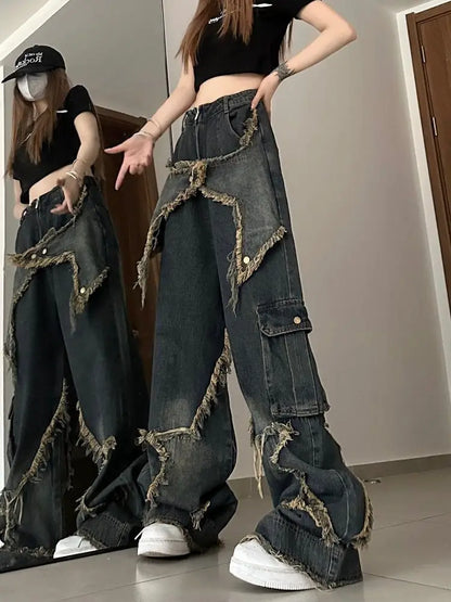 New Star Patchwork Fashion Slim High Waist Punk Hip Hop Loose Jeans