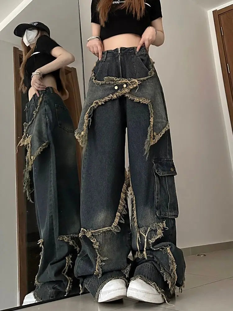 New Star Patchwork Fashion Slim High Waist Punk Hip Hop Loose Jeans