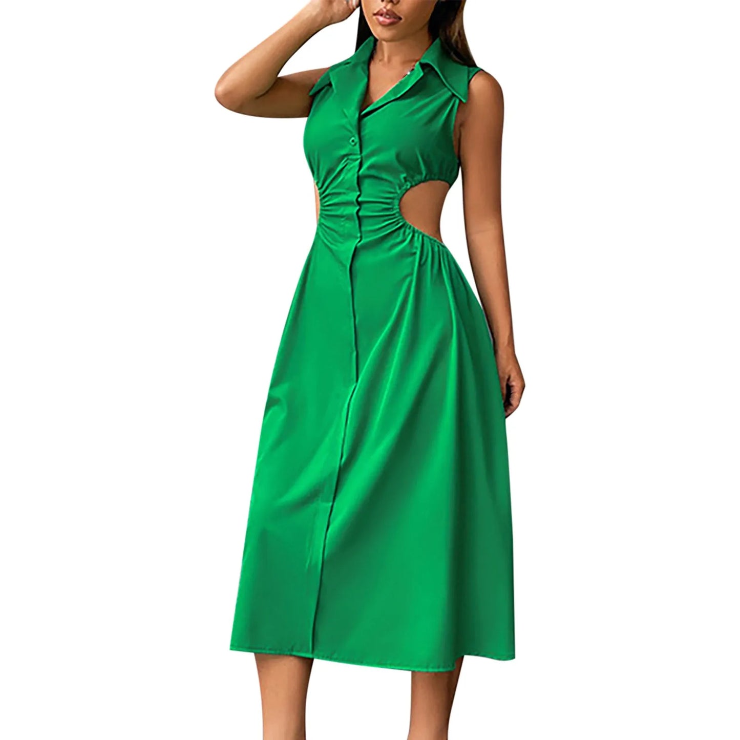 Tempting Sexy Cut Out A-Line Turn-Down Collar Sleeveless High Waist Slim Midi Dress